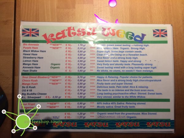 Weed menu from coffeeshop Katsu in February 2017