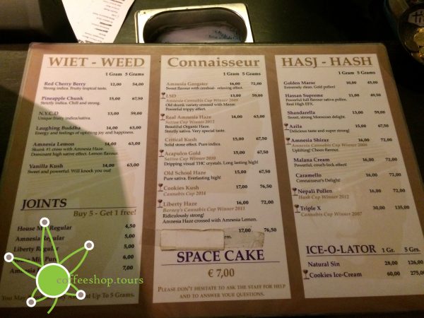 The menu of Coffeeshop Amnesia in February 2017.