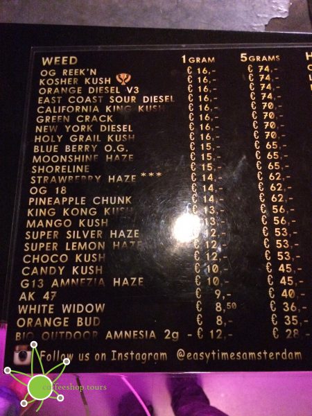 A menu of Coffeeshop Easy Times in Amsterdam